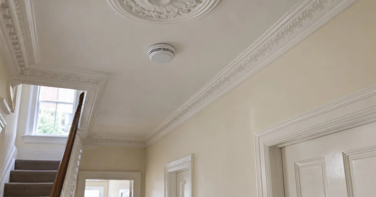 Wireless smoke alarm on the hallway ceiling of a Victorian house, with the original cornicing intact and no visible cabling